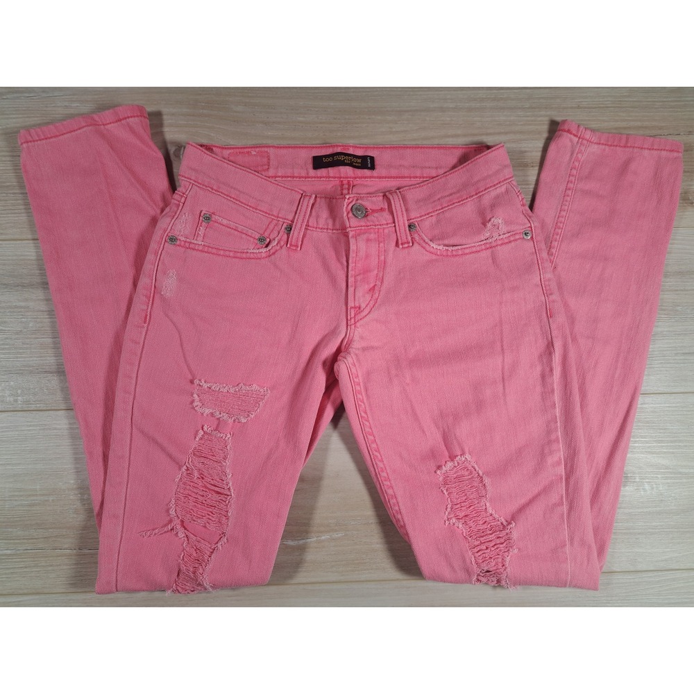Levis 524 Too Superlow Jeans Pink Distressed Low Rise Skinny Denim Womens 27x31